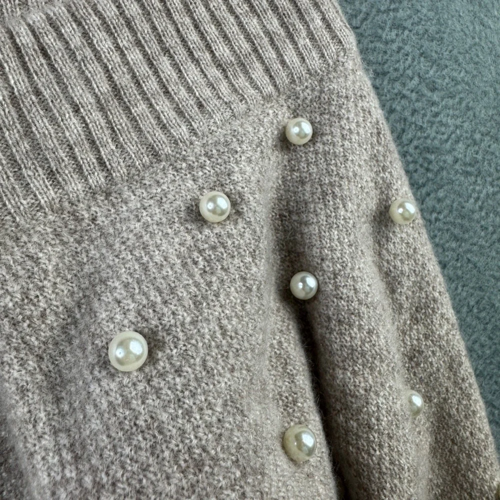 Charter Club Luxury 100% Cashmere Pearl Studded Off Shoulder Sweater Taupe Med